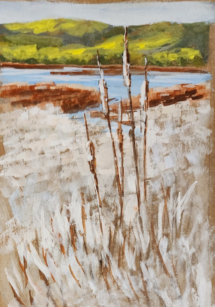 Painting of bulrushes covered in frost against a background of frosty reeds, a sunlit strip of reeds, a river and hills.