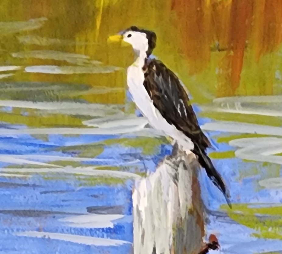 Acrylic Gouache Painting: River Cormorant on Jetty Stump